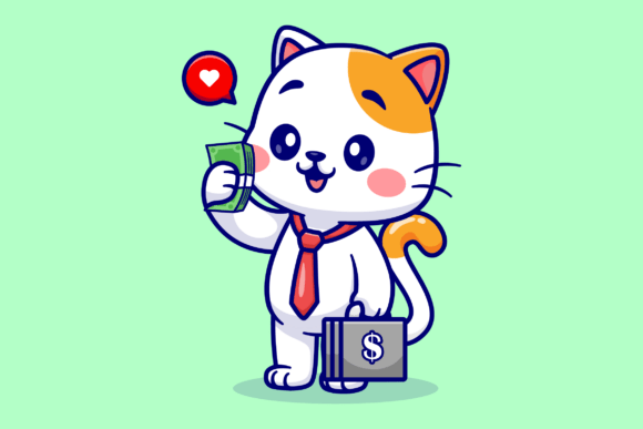 Cute Cat Business Holding Money: Graphics & Illustrations
